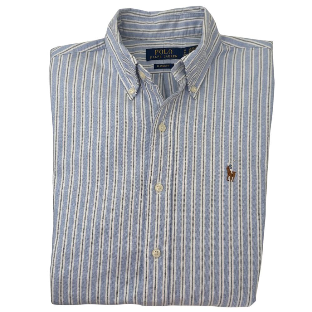 Men's checkered Polo By Ralph Lauren dress shirt in white and blue size S